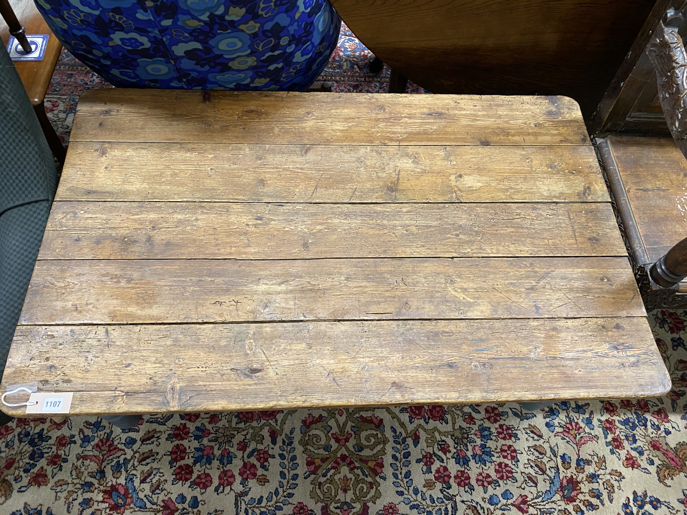 A Victorian part painted rectangular pine coffee table, (cut down dining table), length 120cm, width 75cm, height 47cm